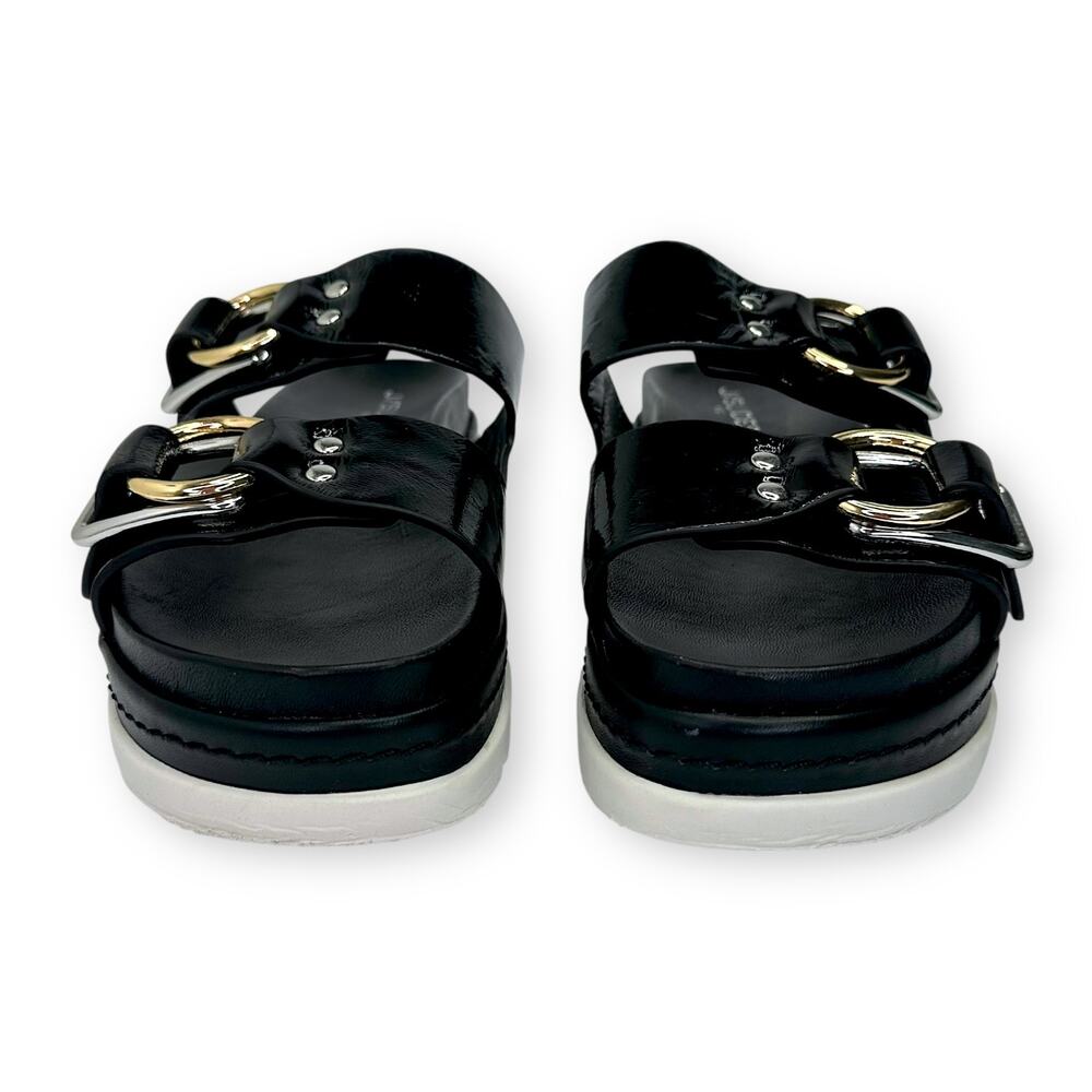 J Slides Baha Leather Double Buckle Slide Sandals US 7.5 Black Patent Platform - Picture 8 of 13